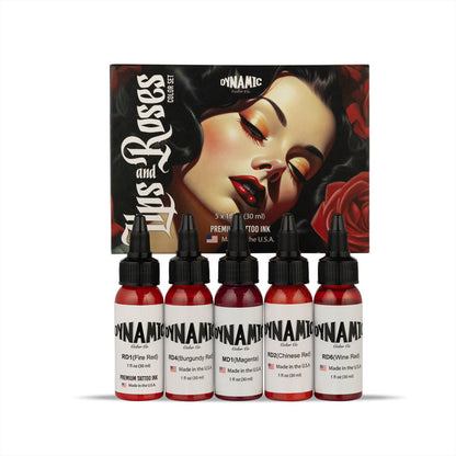 Dynamic Tattoo Ink Lips and Roses Set 1 oz Bottles - 5 Colors