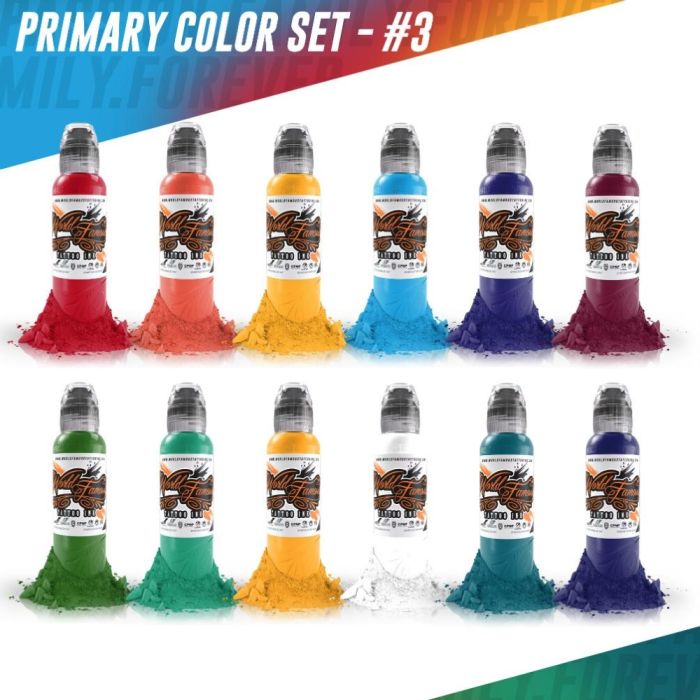 World Famous Tattoo Ink -12 Color Primary Set #3 1oz